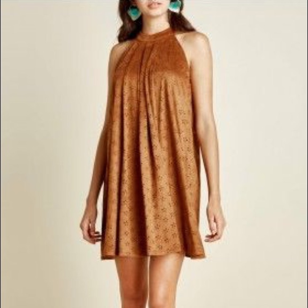 High neck faux suede dress w/ floral cutout detail